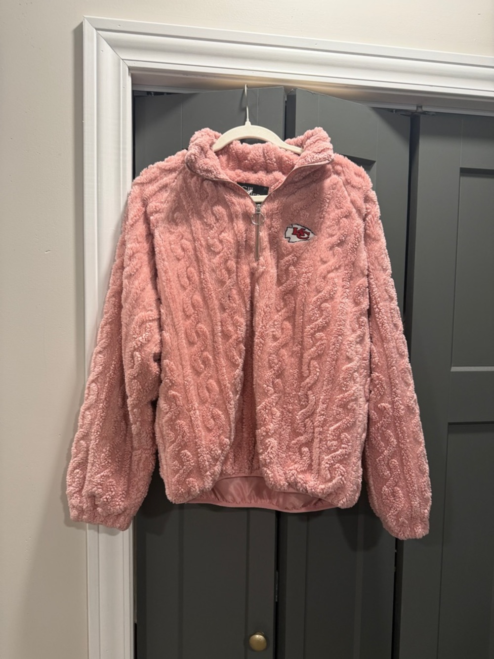 Women’s Pink Plush Half-Zip Hoodie with Kansas City Chiefs Patch